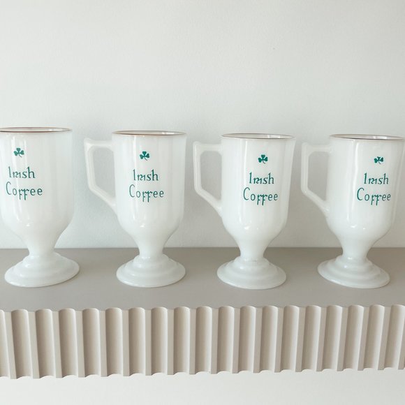 Vintage Milk Glass Irish Coffee Pedestal Mugs Set of 4 - Picture 4 of 12